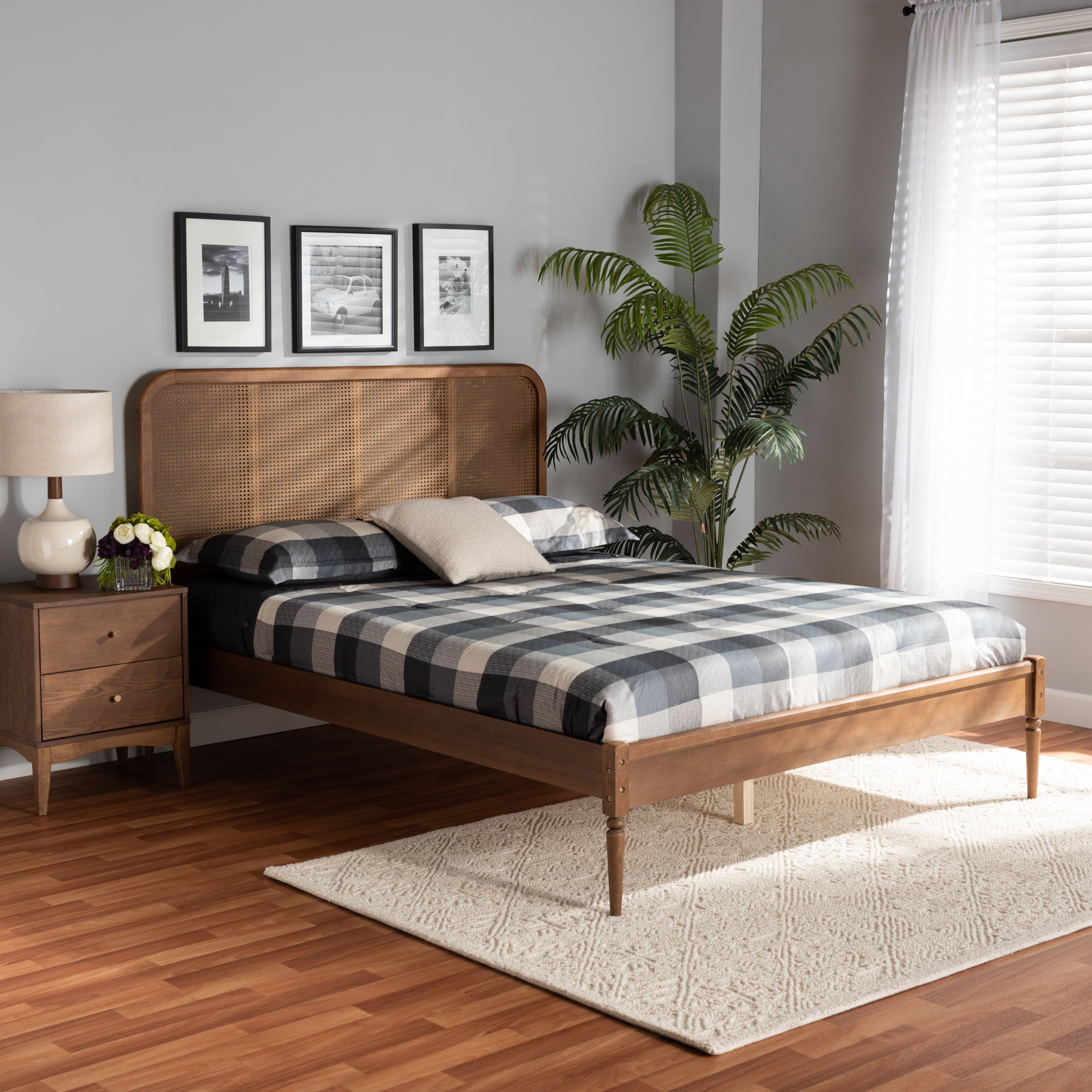 Baxton Studio Elston Mid-Century Modern Walnut Brown Finished Wood and Synthetic Rattan King Size Platform Bed