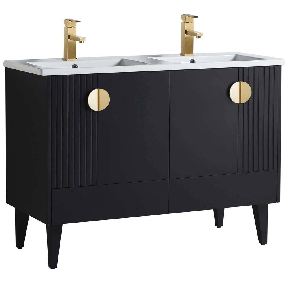 FINE FIXTURES Venezian 48 in. W x 18.11 in. D x 33 in. H Bathroom Vanity Side Cabinet in Black Matte with White Ceramic Top VN48BL-VNHA2SBD