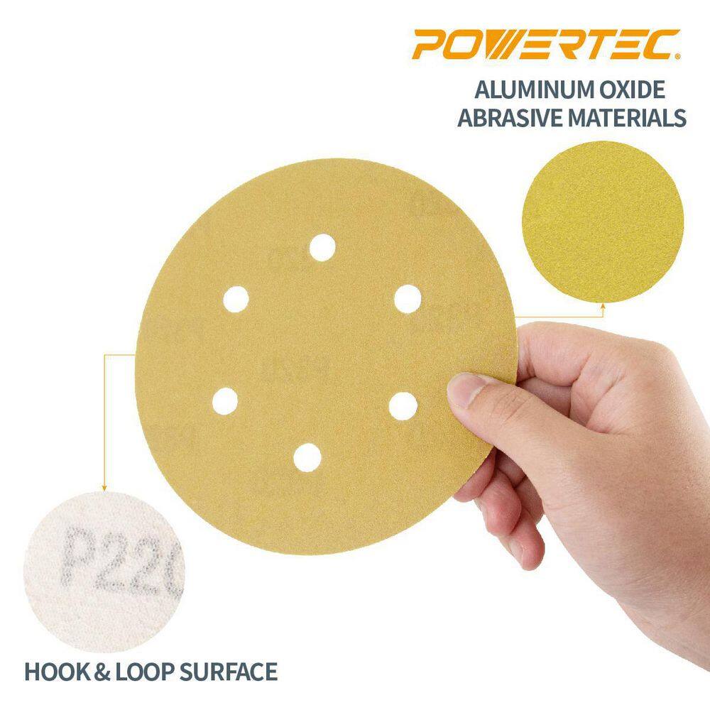 POWERTEC 6 in. 6 Hole 220-Grit Hook and Loop Sanding Discs in Gold (50-Pack) 45222G-50