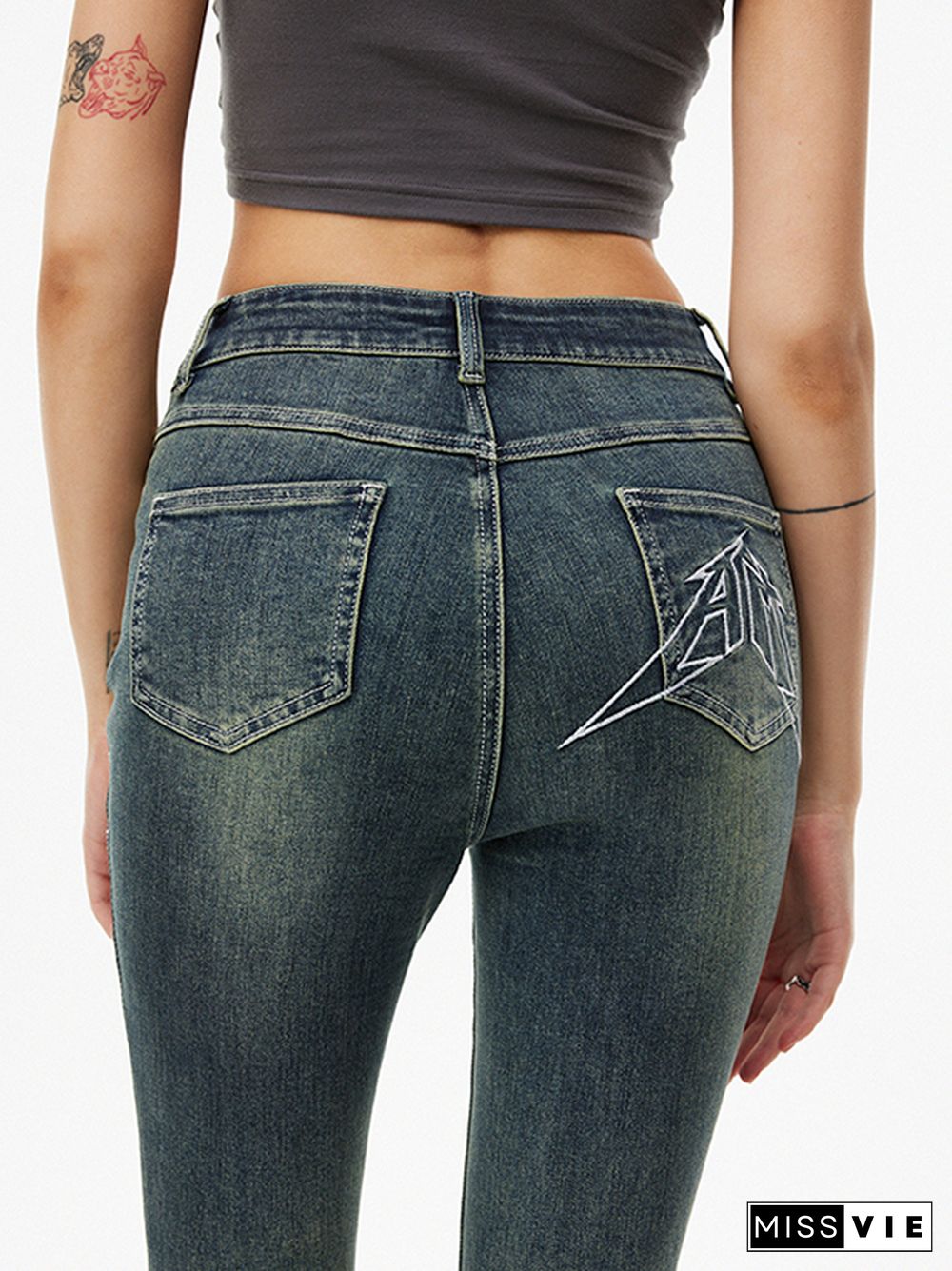 Line Embroidery Stretchy Flare Jeans