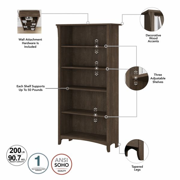 Bush Furniture Salinas Tall 5 Shelf Bookcase - Set of 2 in Ash Brown