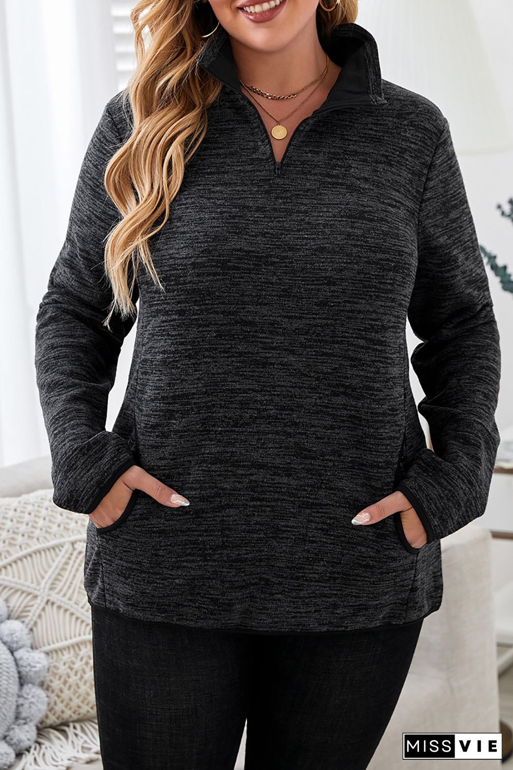 Black Heathered Turn-down Zip Collar Plus Size Sweatshirt