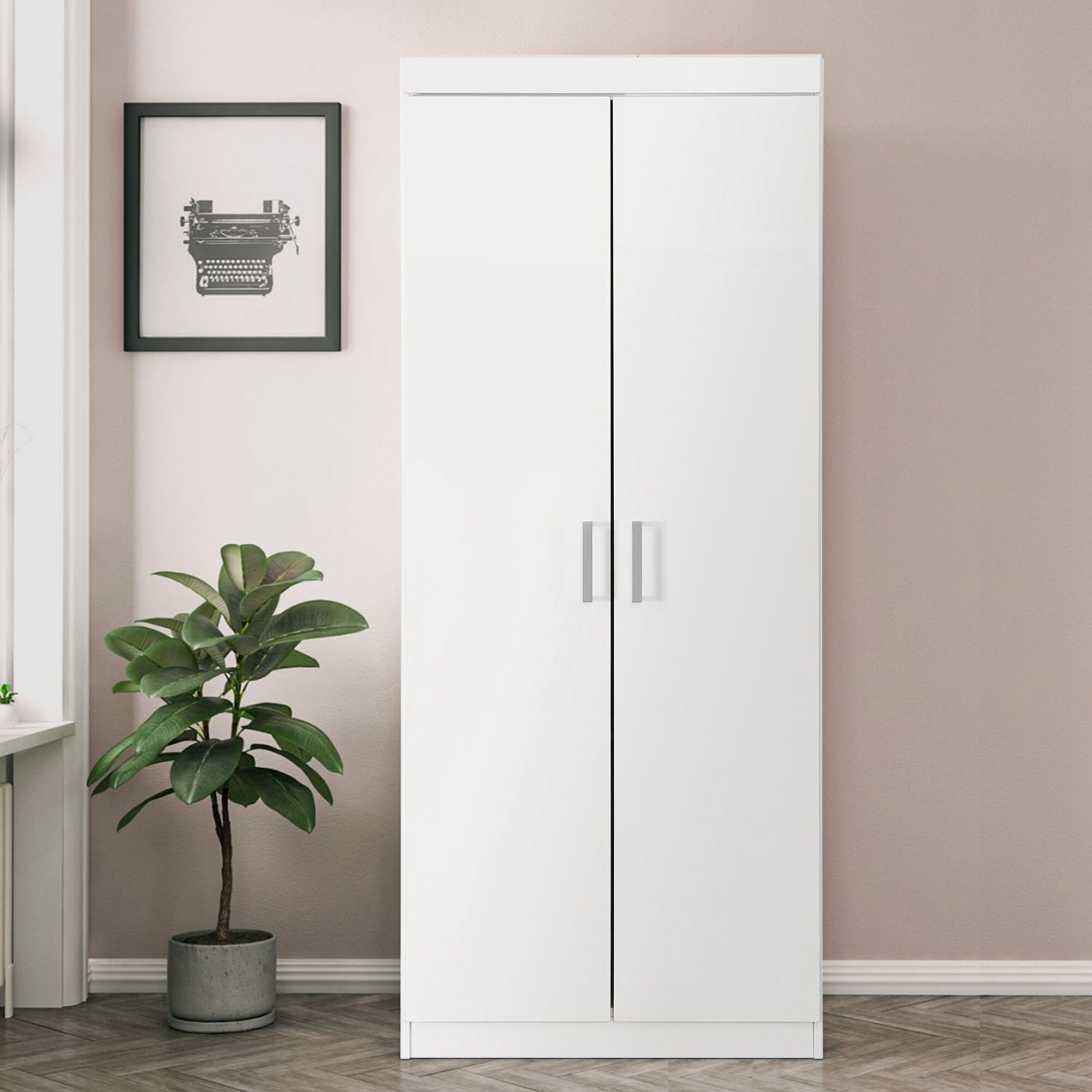 2-Door White Wardrobe/Armoires with Adjustable Shelf/Hanging Rod - - 36800592