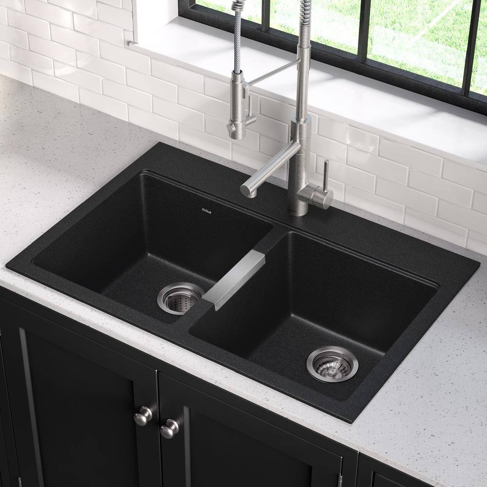 KRAUS Quarza Black Onyx 33 Inch Drop-in  Undermount 5050 Double Bowl Granite Kitchen Sink KGD-433B