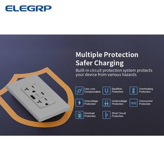 ELEGRP 25-Watt 20 Amp Type C and Type A USB Duplex Outlet Smart Chip High Speed Charging Wall Plate Included Gray (2-Pack) R1820D50AC-GR2