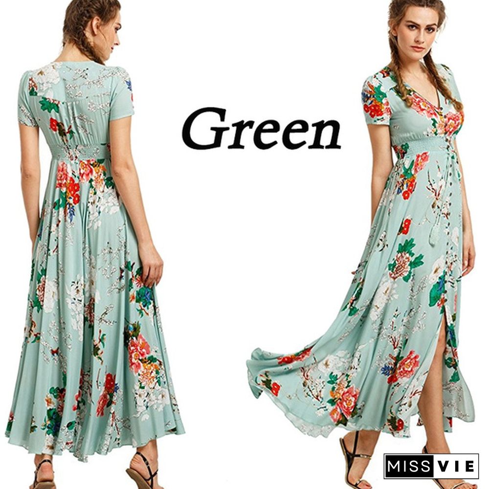 New Spring And Summer Women's Split Dress Printed Beach Dress Elegant Long Skirt Plus Size S-5Xl