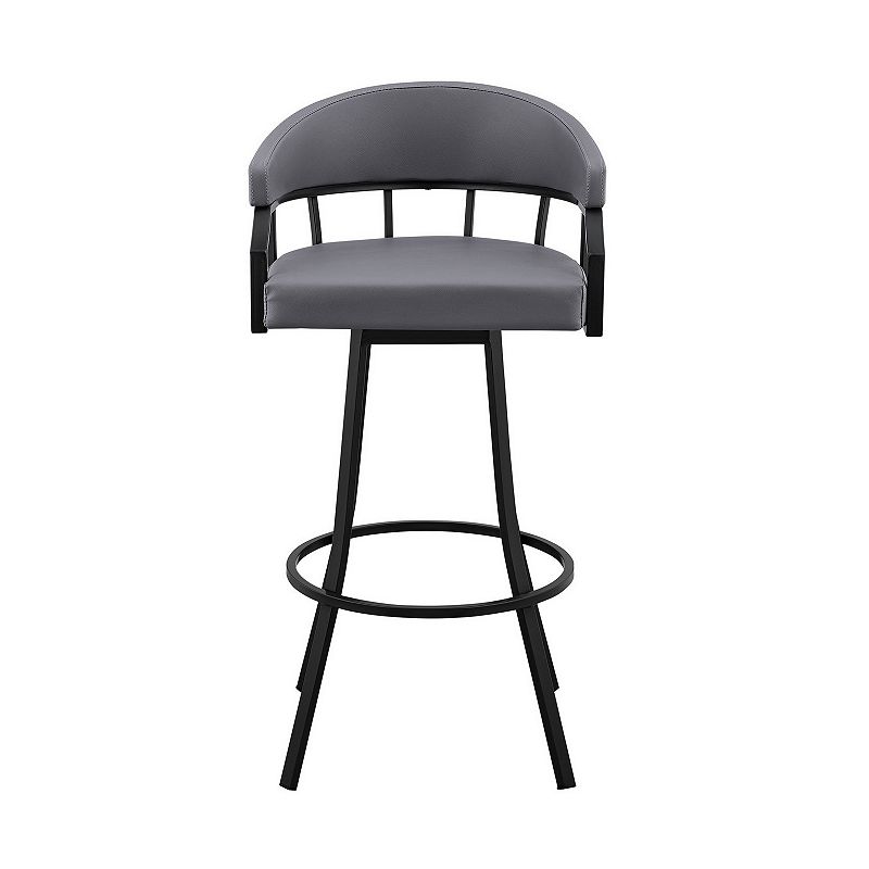 Mayla 26 Inch Swivel Counter Stool， Black Flared Legs， Gray Faux Leather