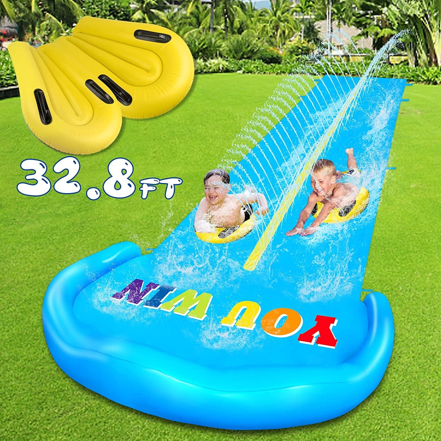 Terra Porch Water Slide, 32.8FT Water Slide for Kids with 2 Racing Lanes and 2 Bodyboards, Inflatable Splash Water Slip Outdoor Summer Fun Water Toys