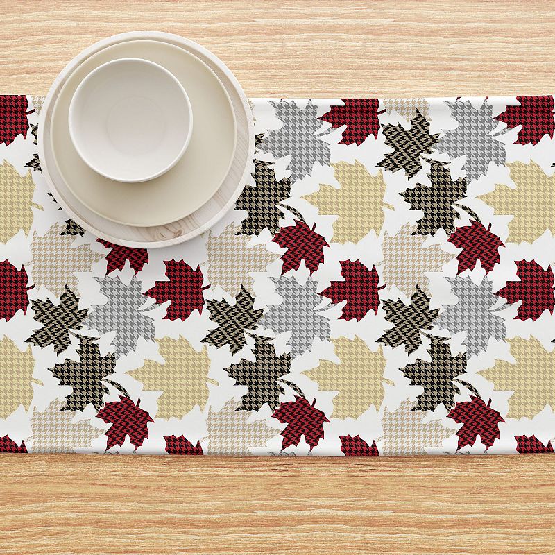 Table Runner， 100% Cotton， 16x72， Houndstooth Maple Leaves