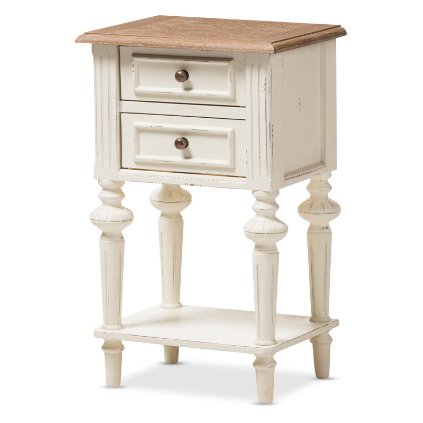 Baxton Studio Marquetterie French Provincial Weathered Oak and Distressed White Wash 2 Drawer Nightstand with Shelf