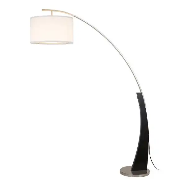 Q-Max Arched Floor Lamp with Drum Shade and Unique Black Wood Pole Base with Metal Base