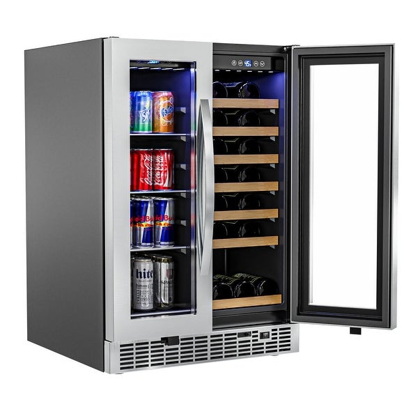 24 in. Dual Zone， Full Glass Door， Wine and Beverage Cooler， Freestanding or Built-in， Holds up to 21-Bottles 60-Cans， 4 cu ft.