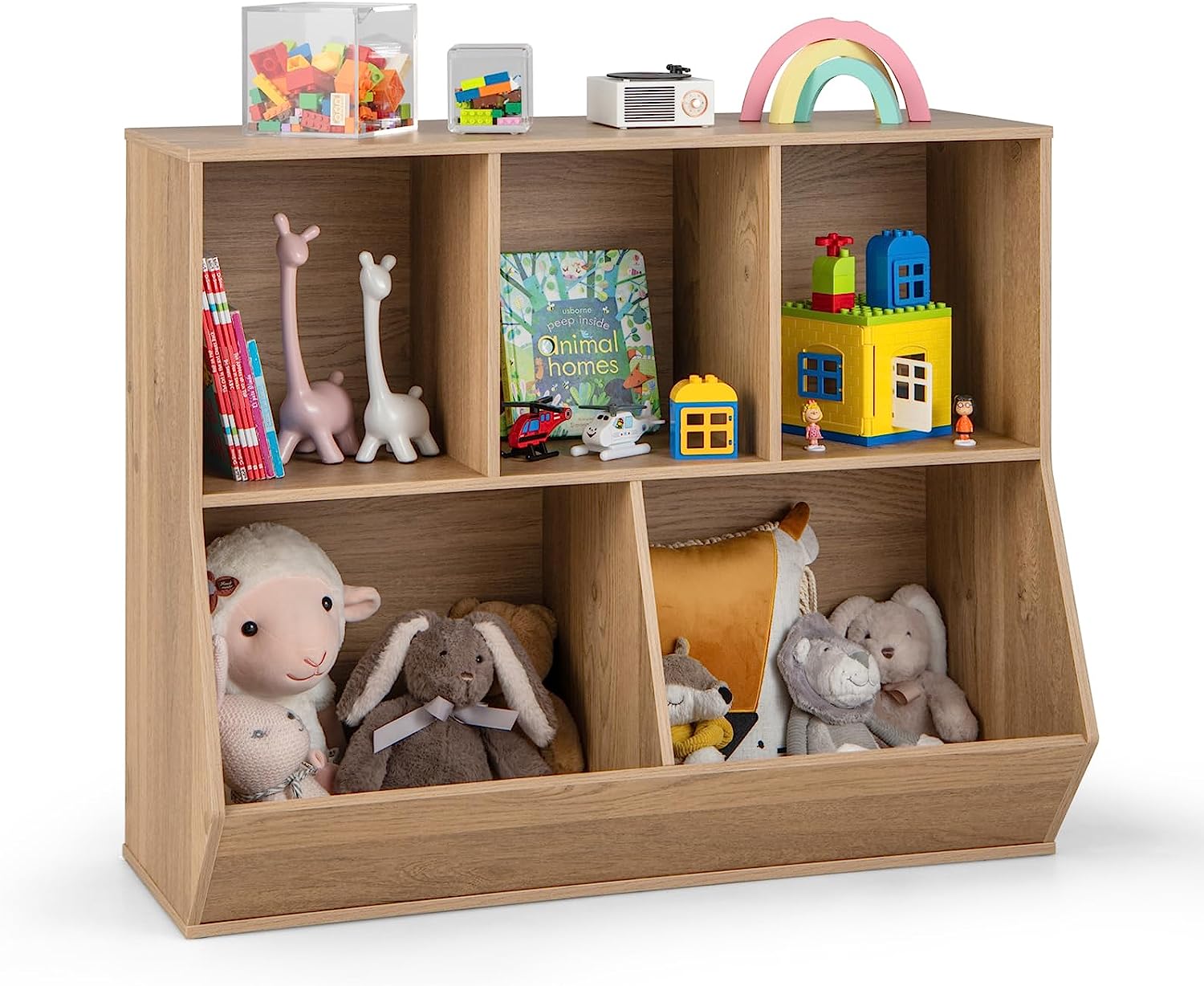 Costzon Toy Organizers and Storage with Bookshelf, Wooden 5 Cubby Children's Book Shelf Toy Storage Cabinet