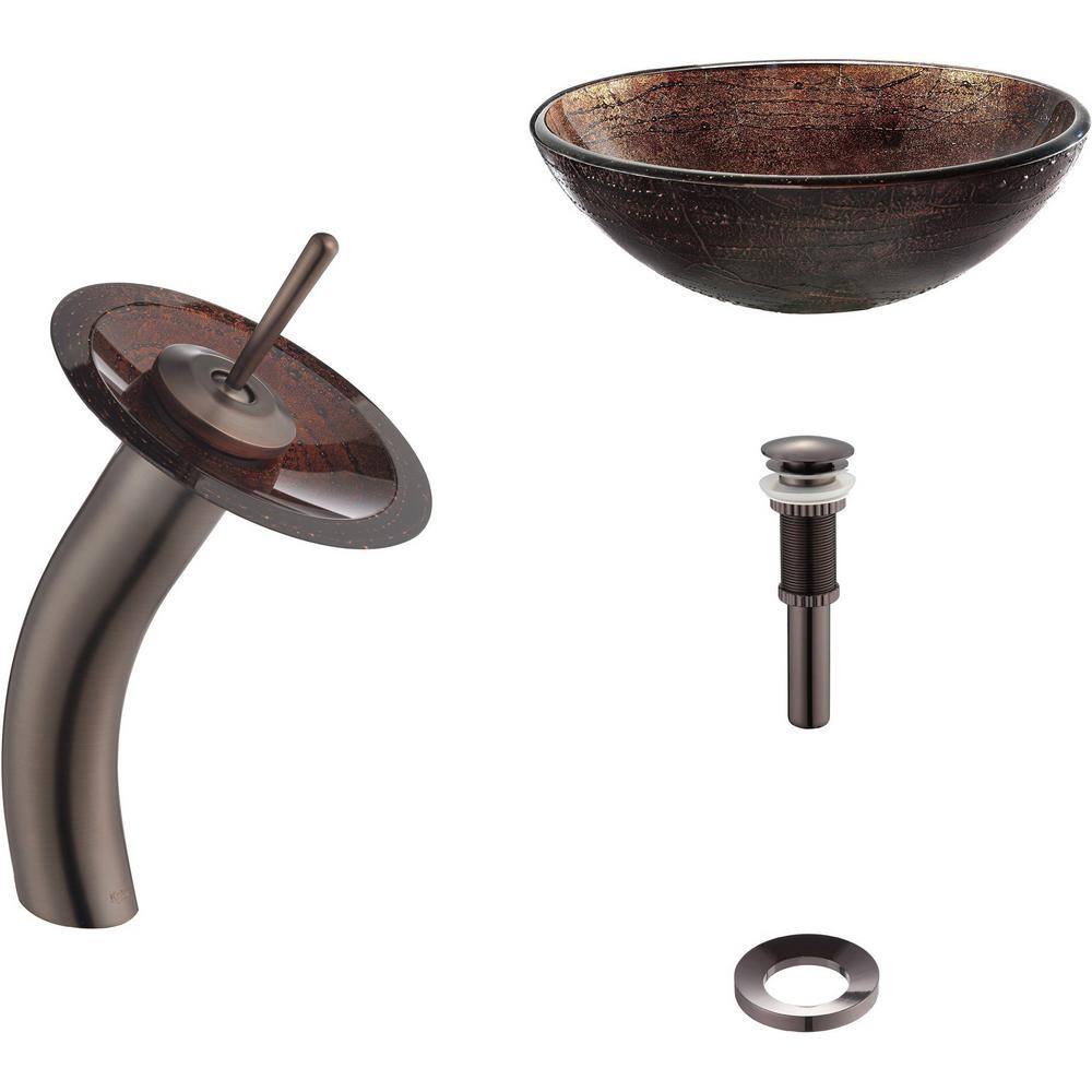 KRAUS Glass Vessel Sink in Copper Illusion with Single Hole Single-Handle Low Arc Waterfall Faucet in Oil Rubbed Bronze C-GV-580-12mm-10ORB