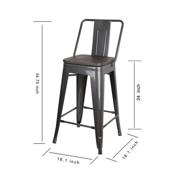 24 inch High Back Metal Stool with Dark Wooden Seat-Set of 4