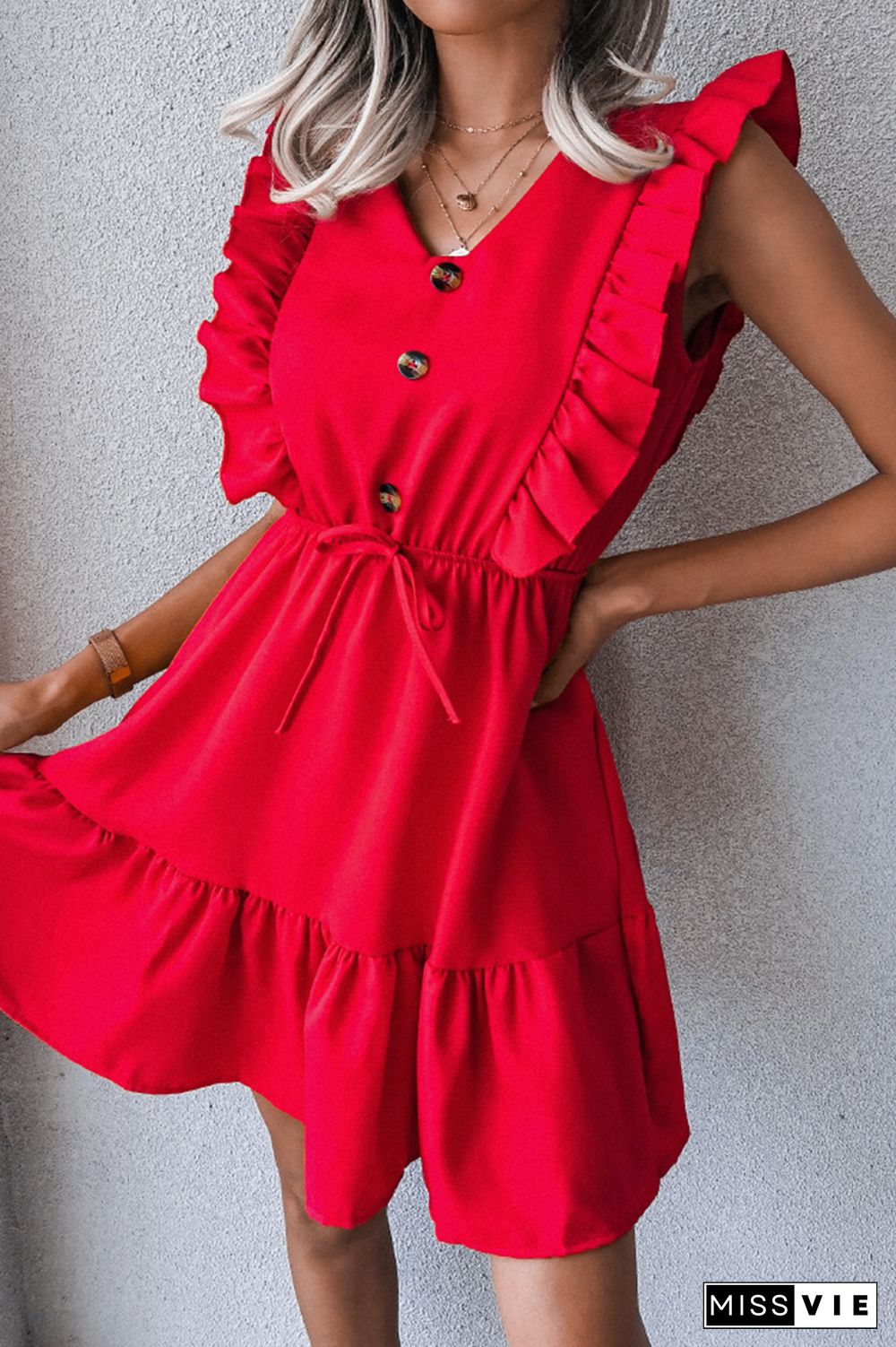 Casual Elegant Solid Buckle Flounce V Neck Waist Skirt Dresses