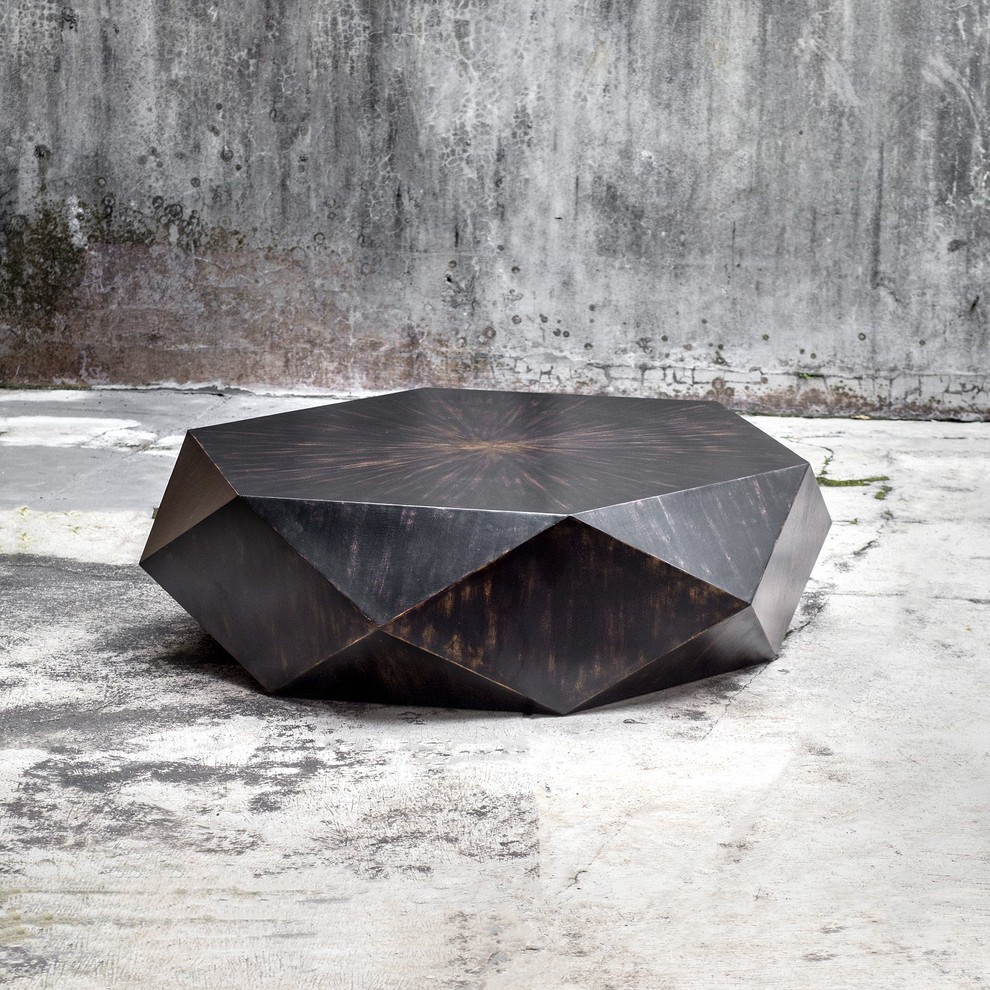 Faceted Large Round Wood Coffee Table  Modern Geometric Block Solid   Contemporary   Coffee Tables   by My Swanky Home  Houzz