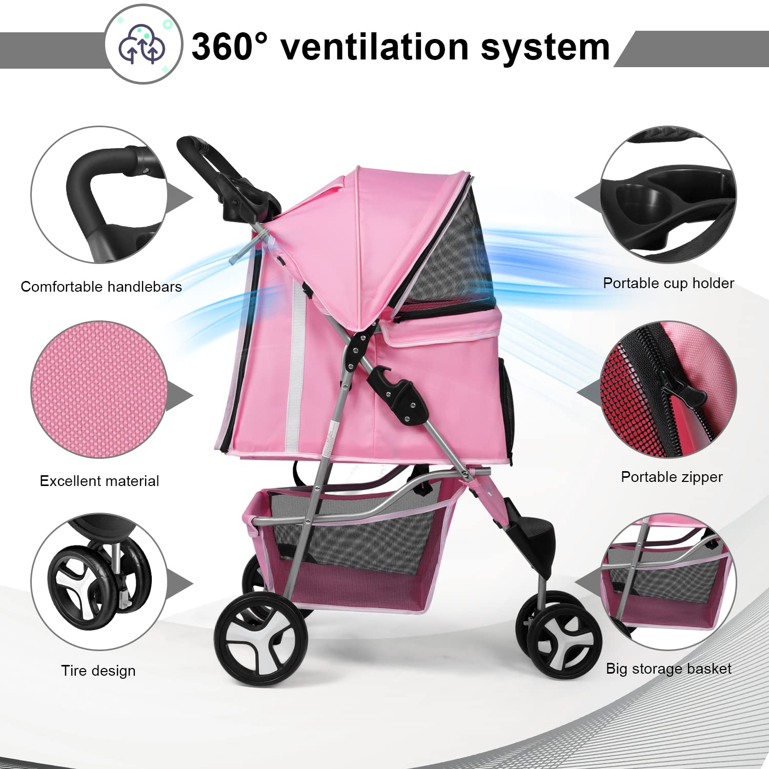 Pet Stroller 3 Wheel Foldable Cat Dog Stroller with Storage Basket and Cup Holder for Small and Medium Cats， Dogs， Puppy (Pink)