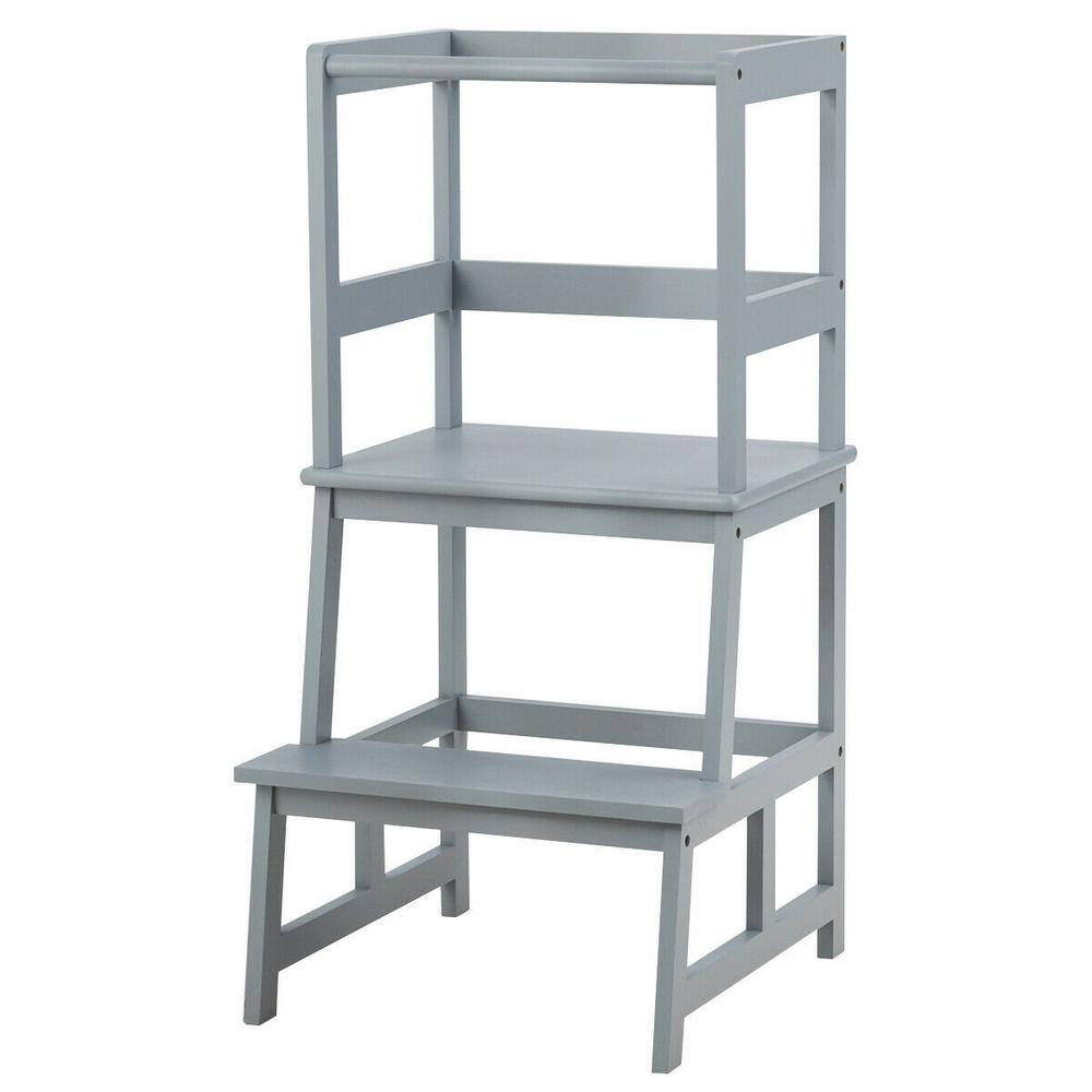 WELLFOR 2-Step Bamboo Clapper Toddler Kitchen Step Stool 200 lbs. with Safety Rail in Gray BB-HGY-5577GR