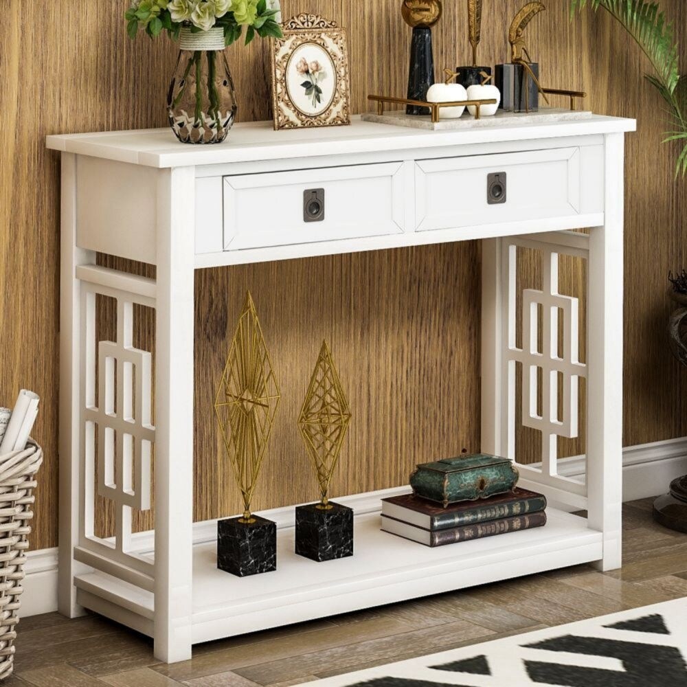 36 in. White Rectangle Wood Console Table with 2-Drawers and Shelf