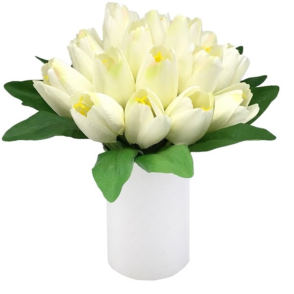 Enova Home 18 Heads Artificial Silk Tulips Fake Flowers Centerpieces in White Ceramic Vase for Home Decoration Wedding Party