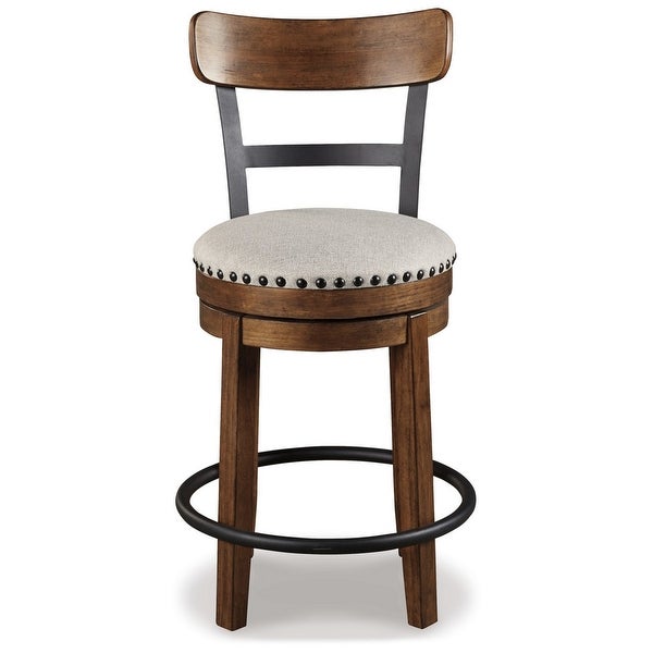 Zane 25 Inch Swivel Counter Height Stool， Round Cushioned Seat， Brown Wood