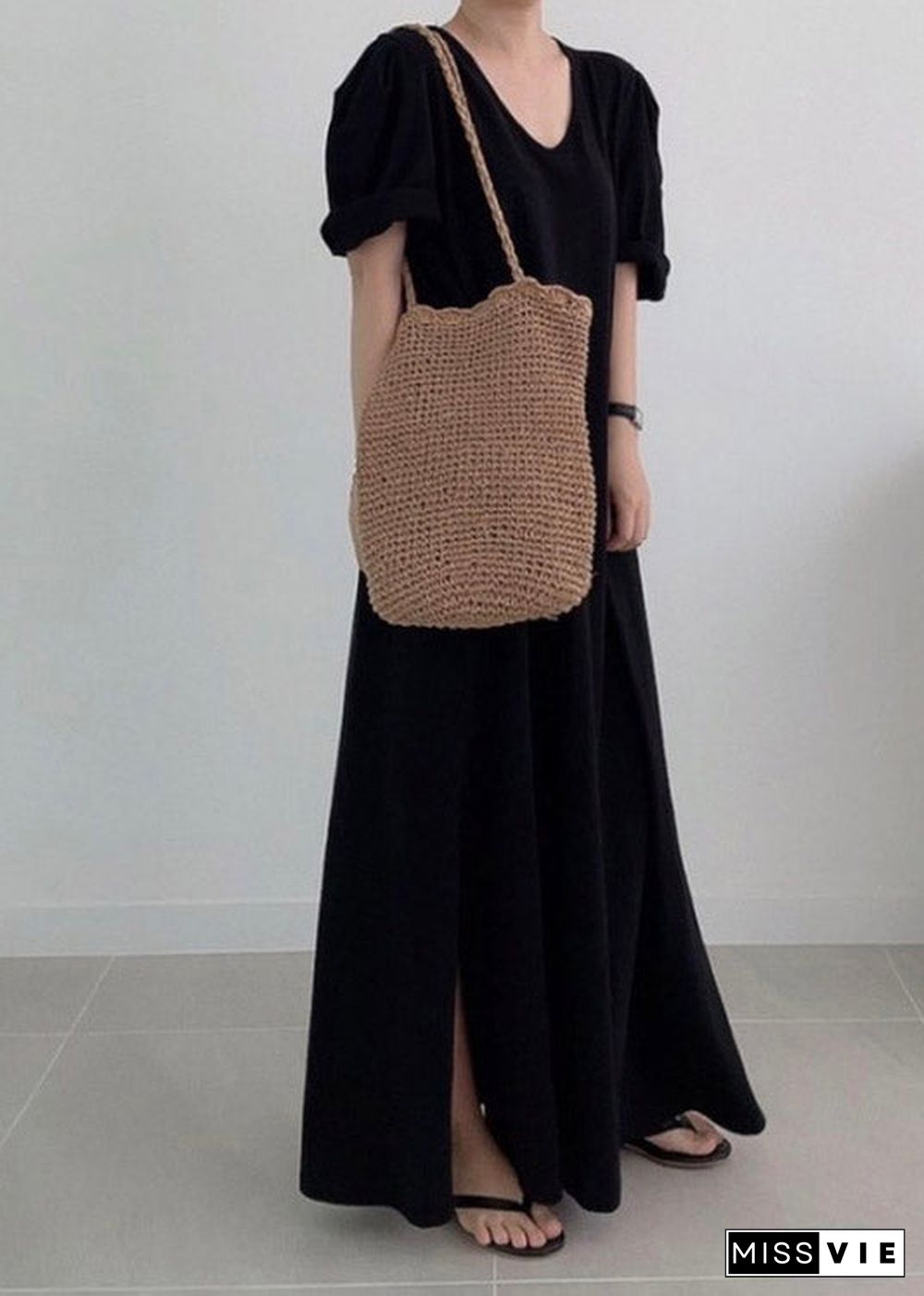 Black Side Open Knit Maxi Dress Long Sleeve