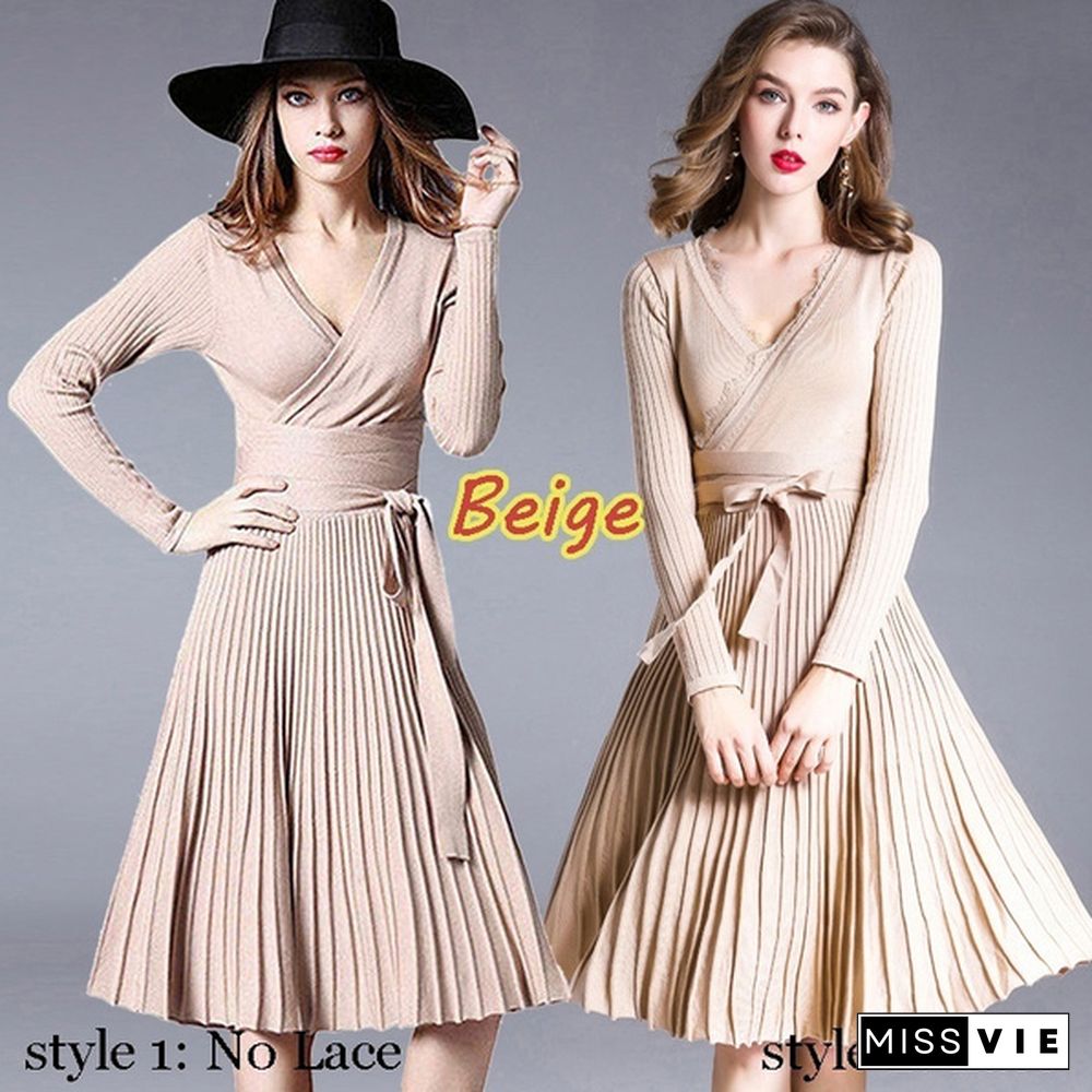 Sexy V-Neck Long Sleeve Winter Dress for Women Spring Elegant Belted Vintage Midi Solid Knit Sweater with Ruffle