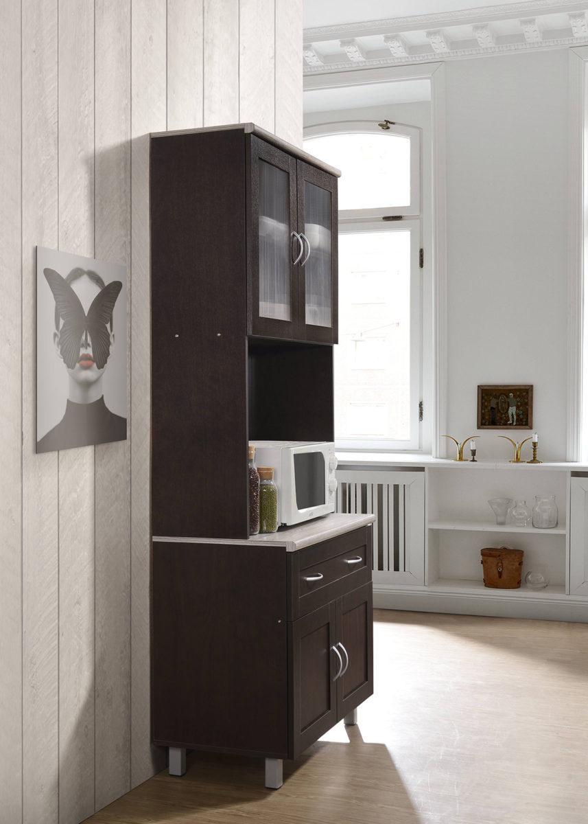 Hodedah Tall Kitchen Cabinet， Chocolate-Grey