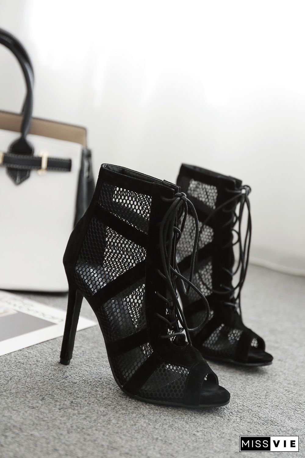 New Fashion Show Black Net Suede Fabric Cross Strap Sexy High Heel Sandals Woman Shoes Pumps Lace-up Peep Toe Sandals