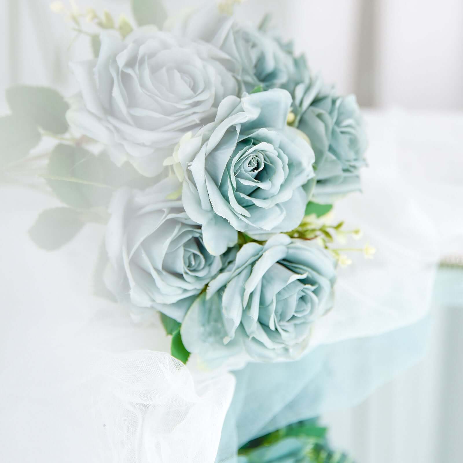 2 Bushes Dusty Blue Artificial Silk Rose Flower Arrangements, Real Touch Long Stem Flower Bouquet 18