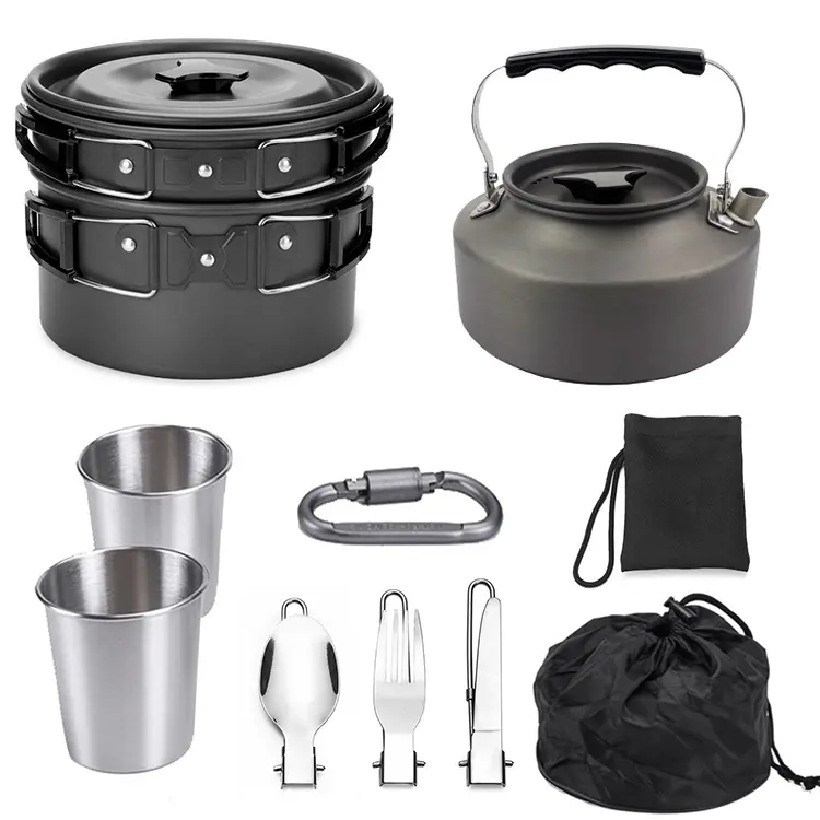 Cheap popular camping hiking outdoor cookware Outdoors non stick picnic travel cooking pot frying pan sets