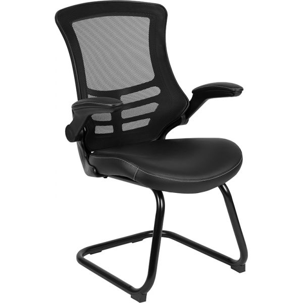 Kelista Black Mesh Sled Base Side Reception Chair with White Stitched LeatherSoft Seat and Flip-Up Arms