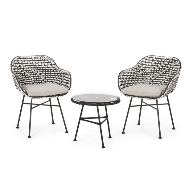 Beulah 3pc Patio Wicker Chat Set White beige black Christopher Knight Home