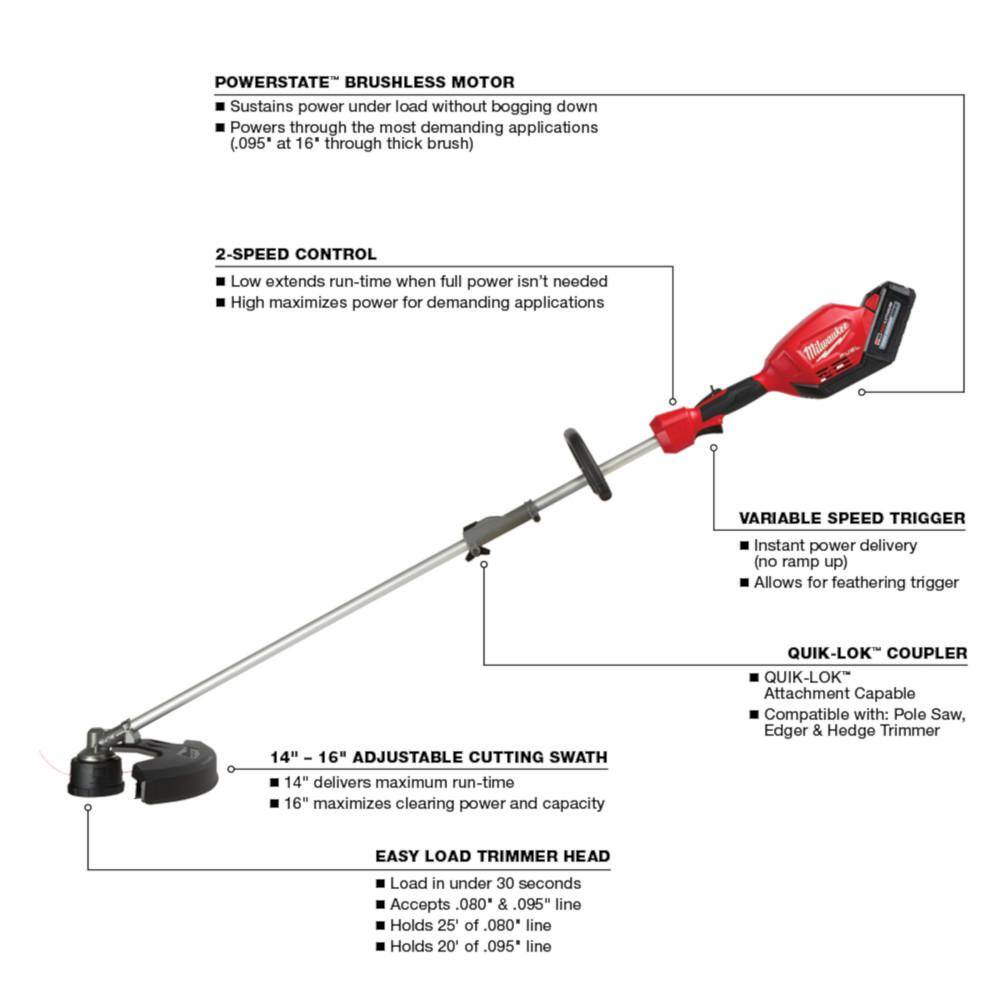 MW M18 FUEL 18V Lithium-Ion Brushless Cordless QUIK-LOK String Trimmer 8Ah Kit wM18 FUEL Rubber Broom  Edger Attachments 2825-21ST-49-16-2740-49-16-2718