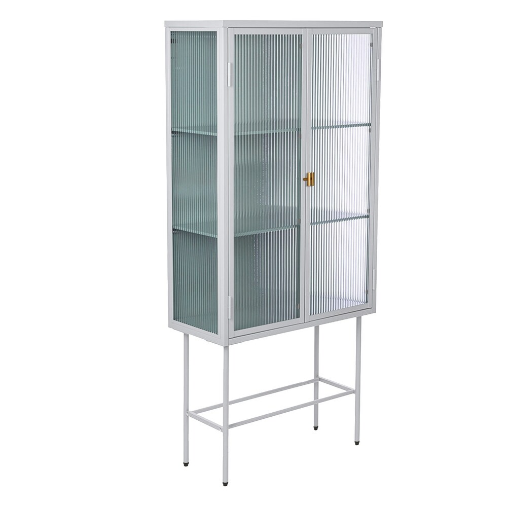 Retro Style Glass High Cabinet with Three Wide Enclosed Shelves