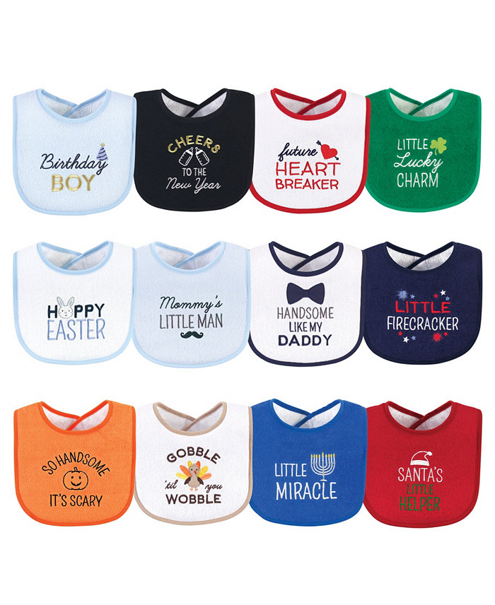 Hudson Baby Infant Boy Cotton Terry Drooler Bibs with Fiber Filling 12pk， Cute Boy Holiday Sayings， One Size