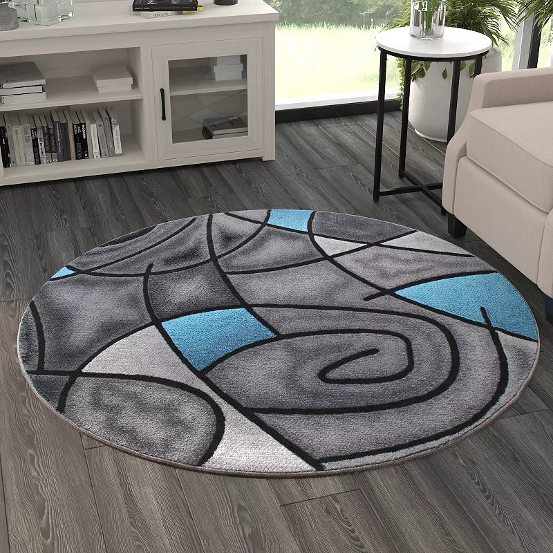 Masada Rugs Masada Rugs Trendz Collection 7'x7' Round Modern Contemporary Round Area Rug in Blue， Gray and Black