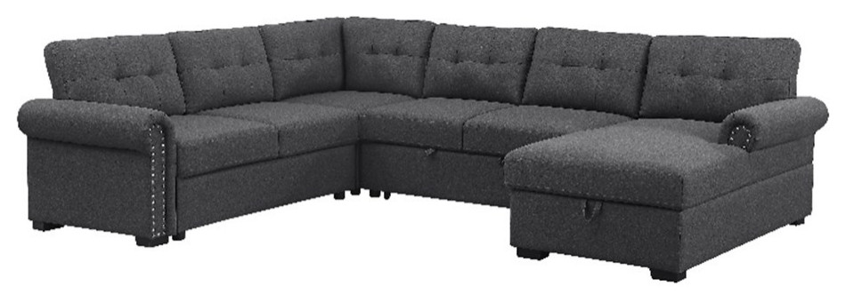 Alexent Classic Sectional Sleeper Sofa w Storage Chaise Lounge  Dark Grey   Transitional   Sleeper Sofas   by Homesquare  Houzz