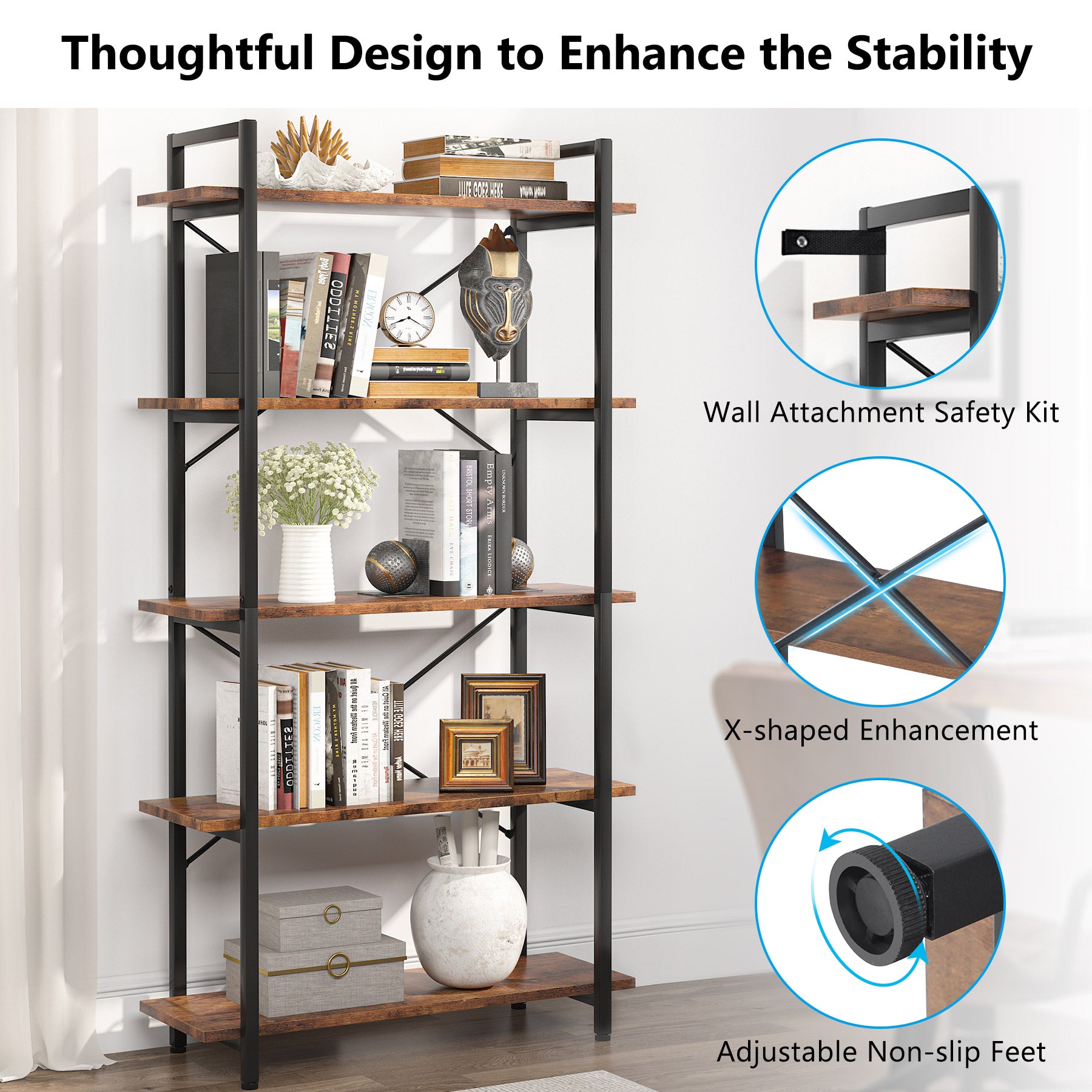 5-Tier Bookshelf, Industrial Etagere Bookcase Display Shelf Unit