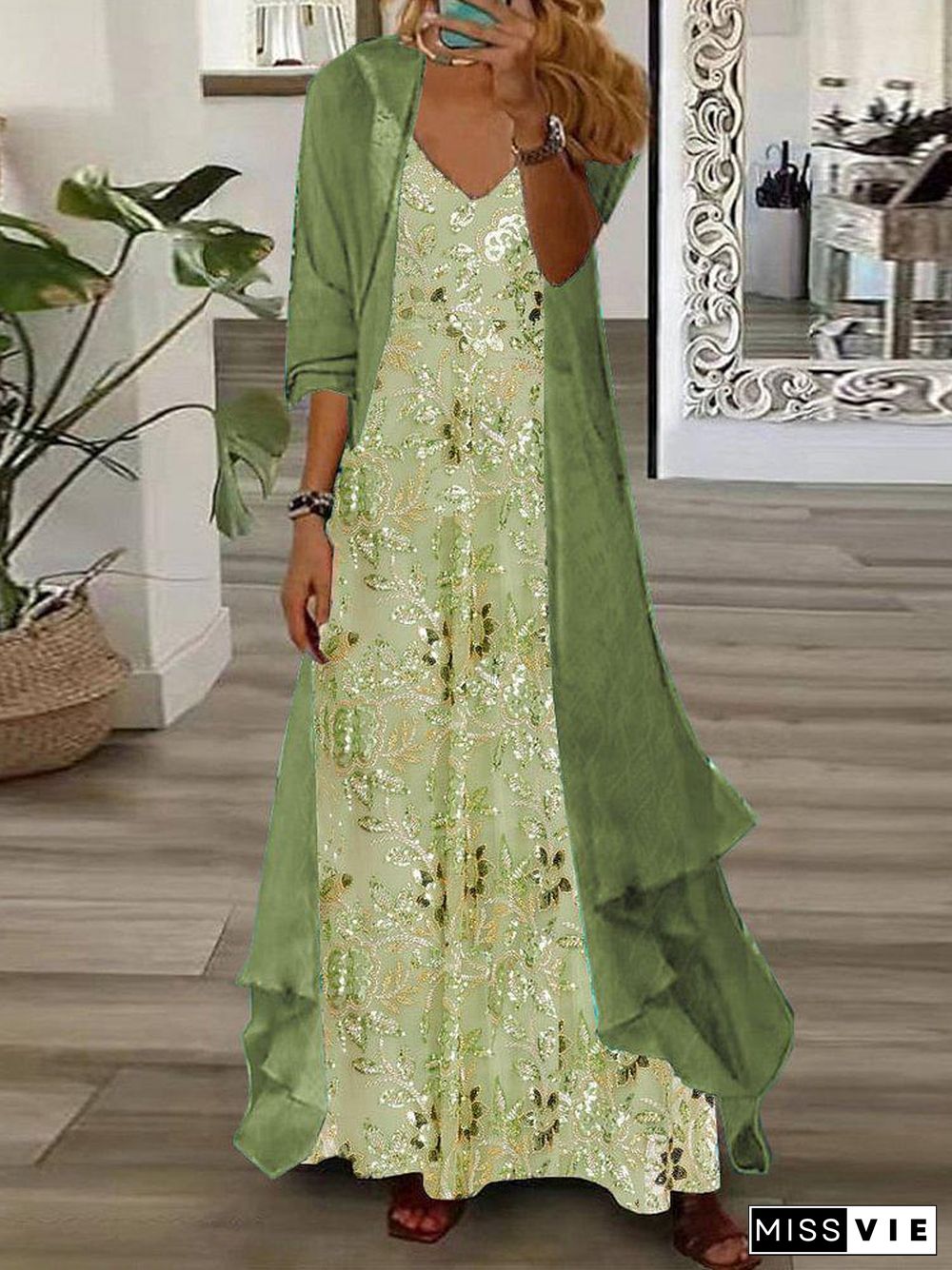 Fresh Green V-Neck Maxi Dress With Thin Jacket Two Piece Outfits