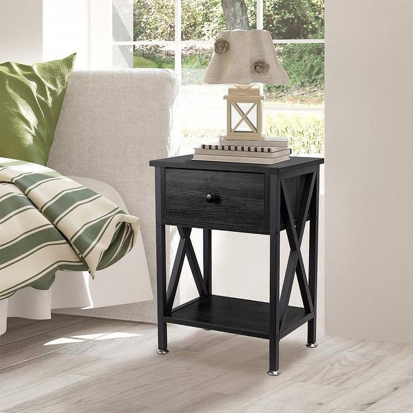 End Table/Side Table with Drawer and Open Storage Shelves and X Side Structure， Nightstand，Table for Bedroom Living Room