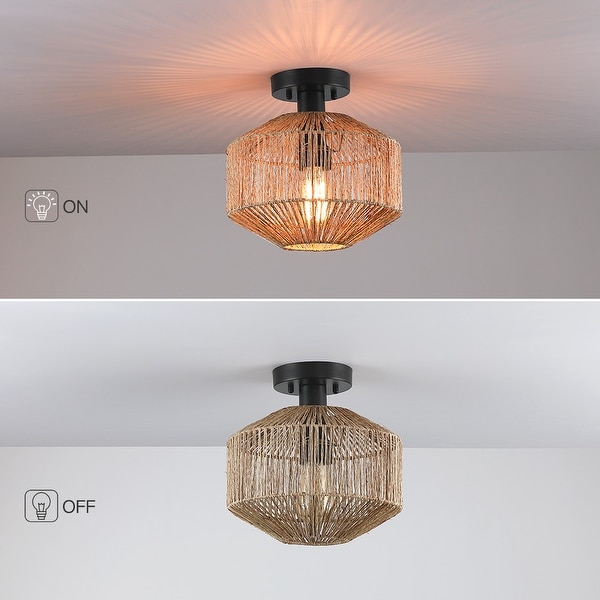 True Fine Bohemian Natural Jute Rope Semi Flush Mount Ceiling Light with Black Hardware - 10.2 in.W