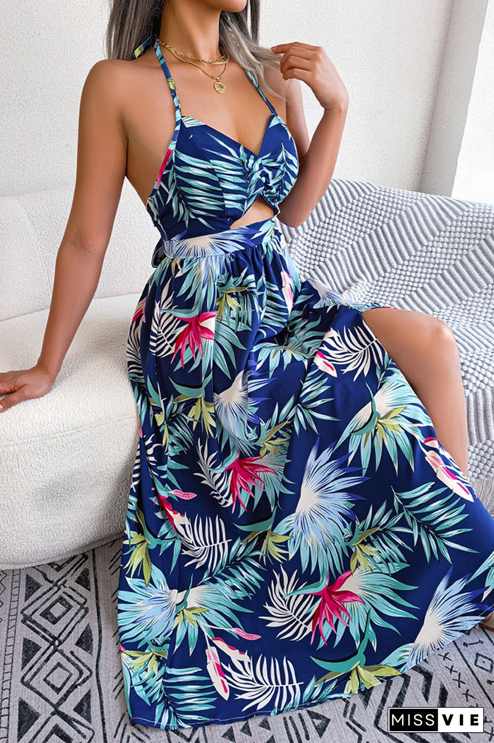 V Neck Hollow Out Backless Halter Floral Maxi Dress