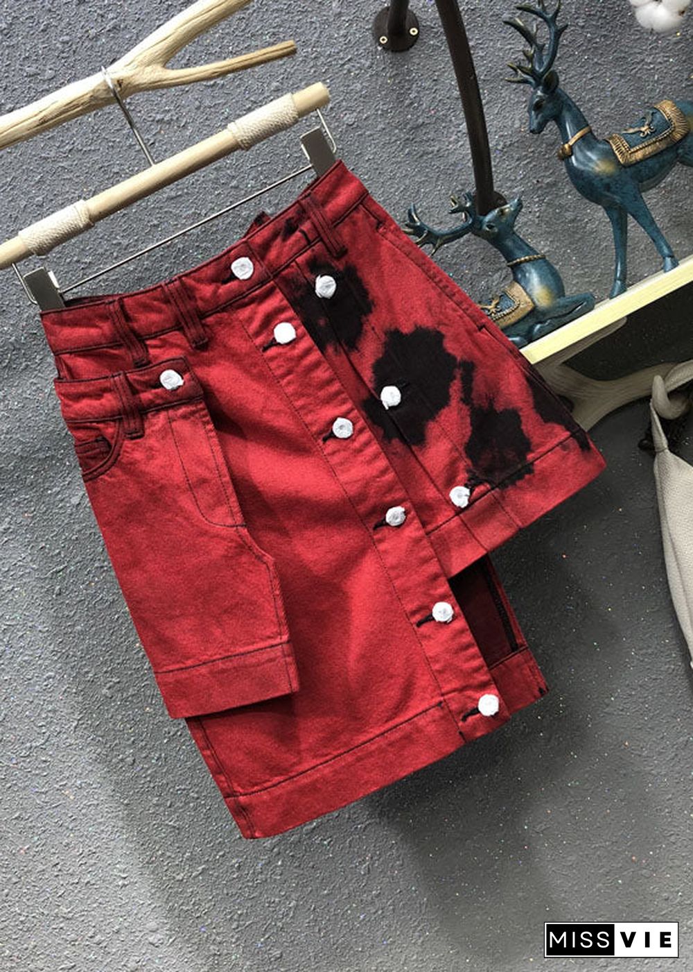 Fashion Red High Waist Patchwork Button Asymmetrical Denim Skirt Summer