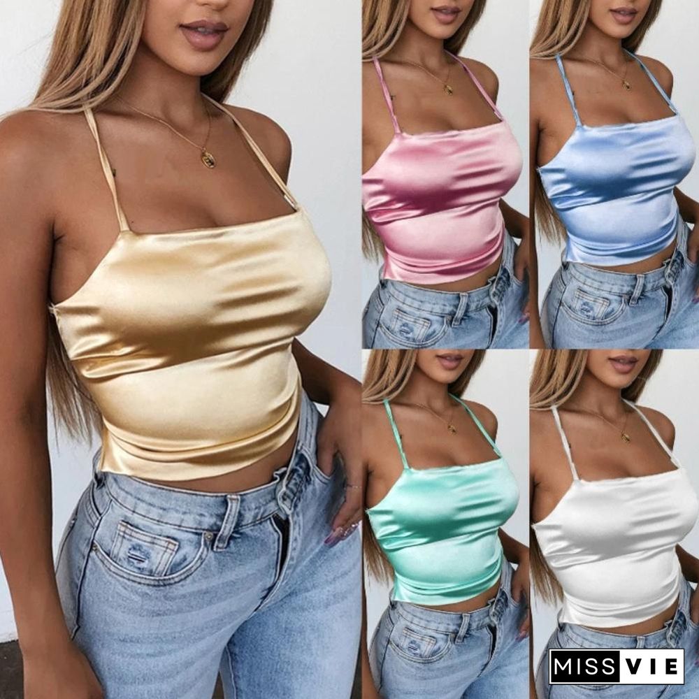 High Quality New Fashion Women Sexy Style Satin Silk Backless Back Bandage Vest Blouse Tops Strappy Summer Beach Cami Tank