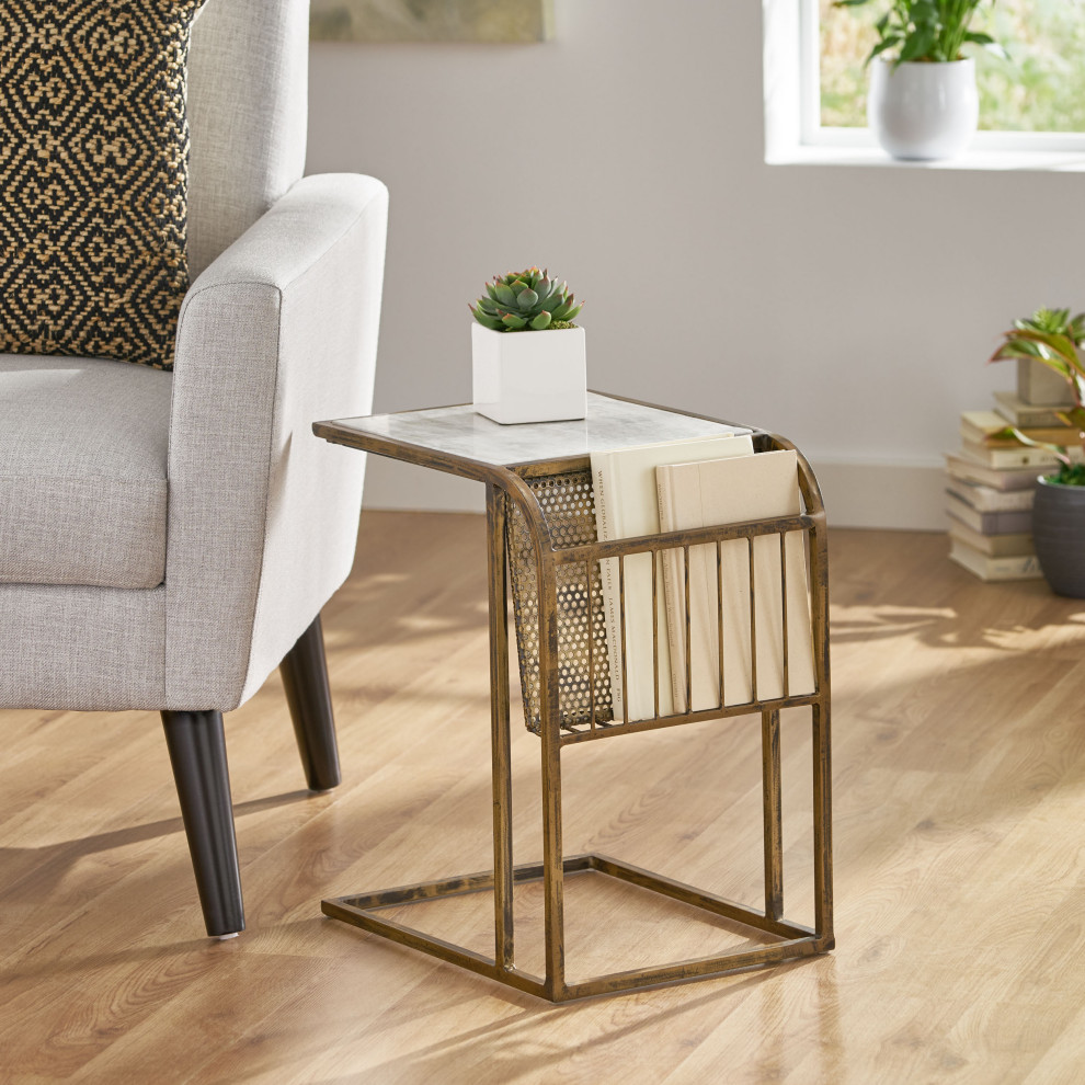 Billman Handcrafted Marble Top C Shaped Side Table with Magazine Rack   Transitional   Side Tables And End Tables   by GDFStudio  Houzz