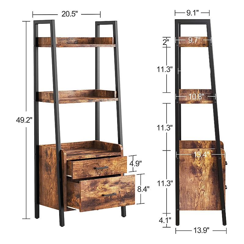 Fabato 3 Tier Display Bookcase With Ladder Shelves And Metal Frame， Rustic Brown