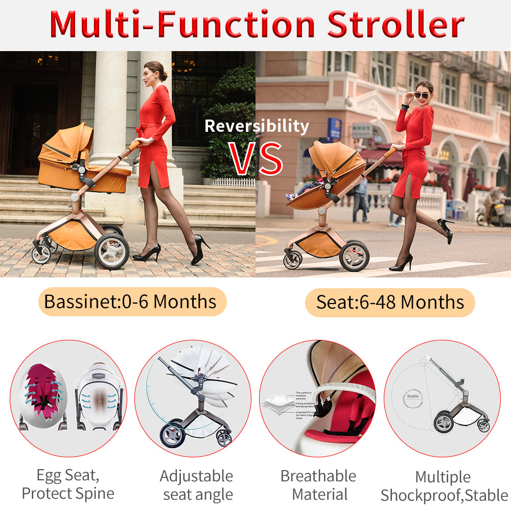 Hot Mom Baby Stroller with Adjustable Seat Height,Reversible Luxury PU Leather Travel System,Brown