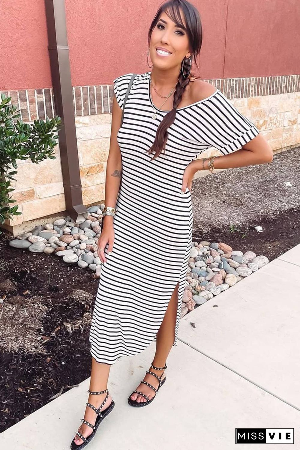 Black Striped Print Side Split Short Sleeve V Neck Maxi Dress